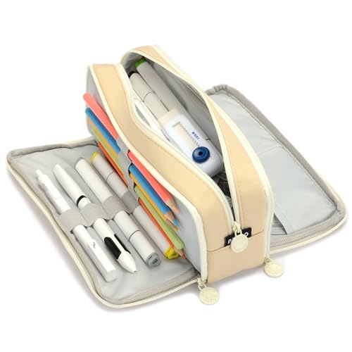 Image of Large Capacity Special Aesthetic Pencil Case Organizer with 3 Compartments, Big Preppy School Pencil Pouch Bag for Girls Women Adults, Pencil Holder Pen Pouch Cases (Khaki)