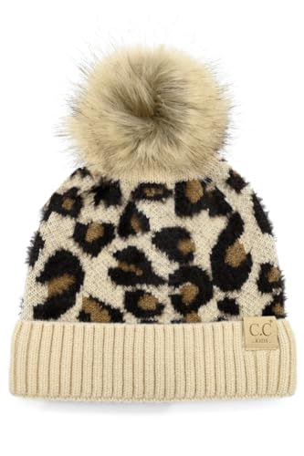 ScarvesMe Exclusive Kids Leopard Animal Knit Warm Winter Beanie Skull Cap Hat with Pom (Beige)