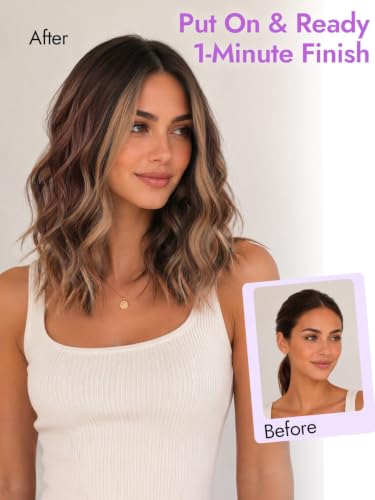 Image of Eawwii Wigs for Women Brown Caramel Highlight,Short Wavy Synthetic Lace Wig | Glueless 4x1 Lace Hairline, Heat-Resistant Fiber,Bob Wave Style,Natural Appearance for Everyday Cosplay 14 Inch