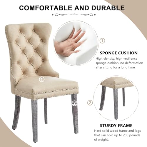 Image of Leather Dining Chairs, Upholstered Dining Room Chairs, Beige, Set of 6