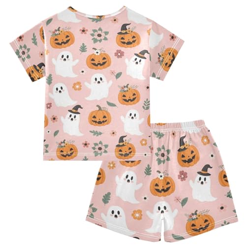 Pajama Short Sets Halloween Cute Ghosts Pumpkins Flowers Soft Cotton Summer Sleepwear 2 Piece PJS Size 5-14T2