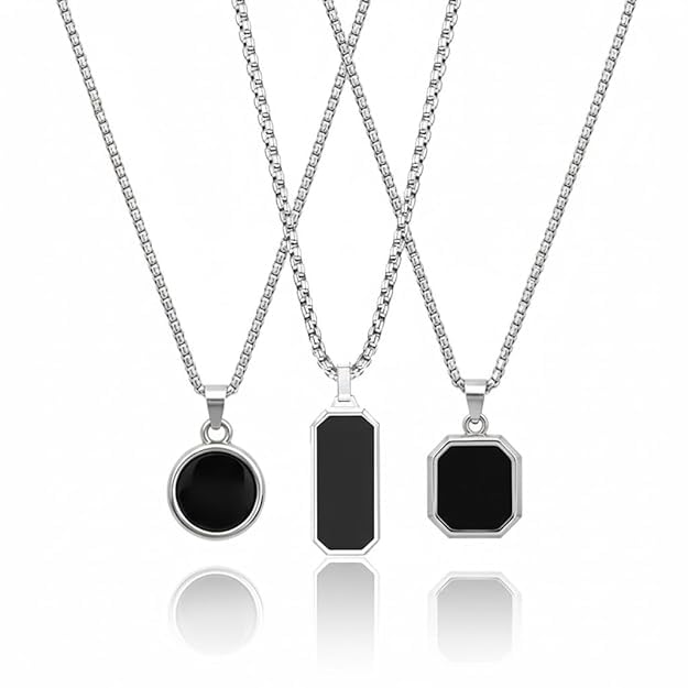 truebellaa TrueBella 3 Chain Necklace Black Onyx Pendant Combo | Anti-Tarnish 316L Stainless Steel Octagon Square & Oval Bar & Round Necklace Set | Trendy Minimal Jewelry Gift for Husband | Chain Necklace for Men and Boy-picture-34