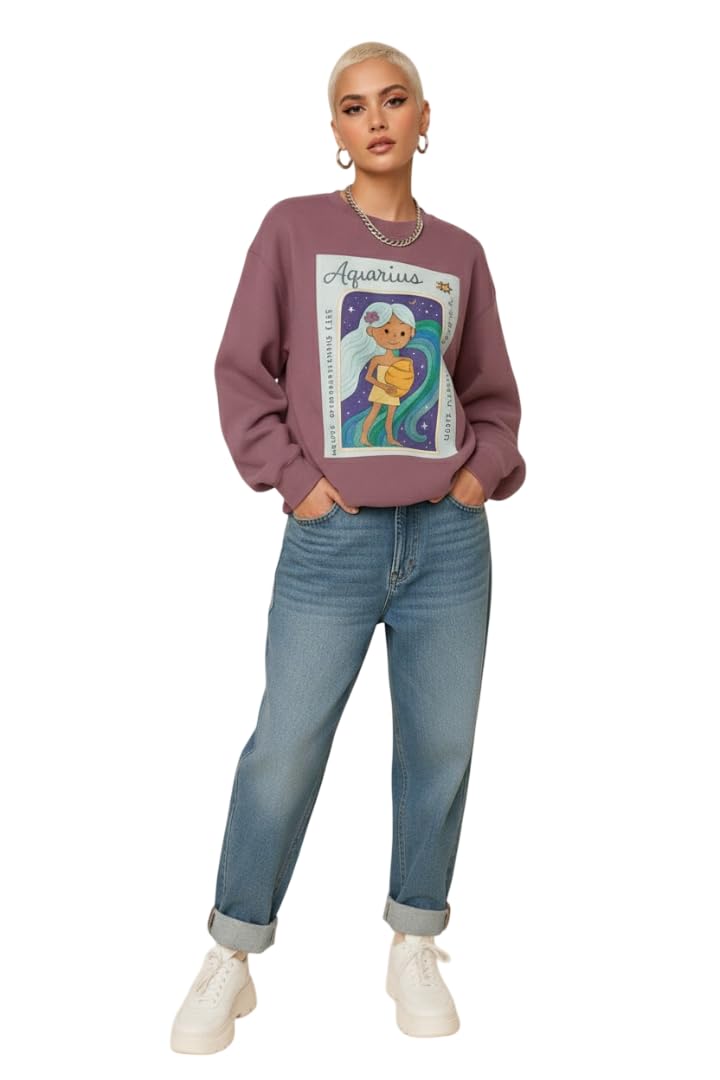 Women and Girls Regular Round Neck Solid Long Sleeves Aquarius Zodiac Printed Fleece Sweatshirt-image-1