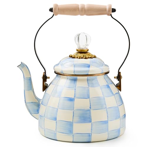 Image of MACKENZIE-CHILDS Tea Kettle, 2 Quarts, Light-Blue-and-White Sky Check