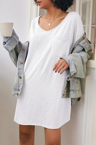 Image of Ekouaer Womens Tshirt Nightgown Cotton V Neck Sleepshirts Comfy Casual Nightshirt for Women, White, Large