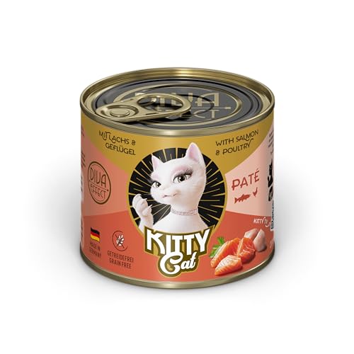 Kitty Cat Paté Salmon & Bird 6 x 200 g Comida húmeda para Gatos, sin Cereales, alimento para Gatos con taurina, Aceite de salmón y mejillón de Labios Verdes, pienso Completo con Alto Porcentaje de