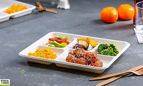 100% Compostable, 5 Compartment, Disposable Paper Plates [125-Pack] - {Pfas Free} - {Bpa Certified} - [9 Inch] Heavy Duty Biodegradable Bagasse Sectional Lunch Trays + Dividers - Divided Platter Tray #TOP5