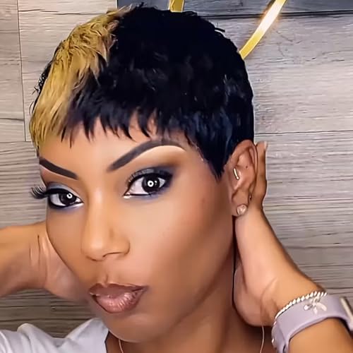 1B/30 Two-Tone Short Pixie Cut Wig for Women - Human Hair with Ba...