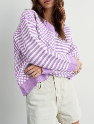 Image of UNCLECAT Womens Striped Checkered Sweater V Neck Fall Trendy Pullover Tops