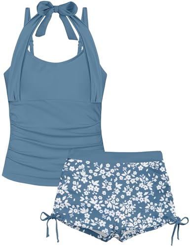 Image of Girls Swimsuit 2 Piece Halterneck Girls Tankini Swimsuit Drawstring Printed Swim Shorts Girl Bathing Suit for 7-18T