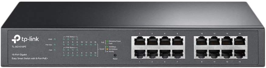TP-Link PoE Switch 16-Port Gigabit, 8 802.3af/at PoE+ ports up to 30 W for each PoE port and 150 W for all PoE ports, Metal Casing, IGMP Snooping, Port Mirroring, VLAN (TL-SG1016PE)