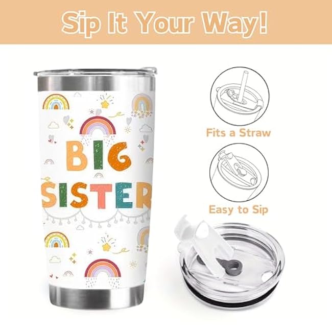 20oz Big Sister Tumbler, Birthday Gift for Sister Stainless Steel Insulated Tumbler, Cute Sun Rainbow Clouds Insulated Bottles Double Wall Vacuum Travel Coffee Mug with Lid for Women Girls