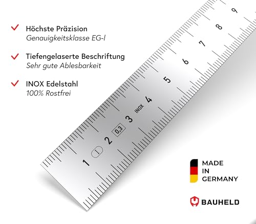 BAUHELD® Stahllineal 150mm [EG-1] - Stahlmaßstab mit Messskala in INCH und CM [Made in Germany] - Robustes Metall-Lineal aus rostfreiem INOX Edelstahl - 15 cm Linial mit praktischer Aufhängelochung