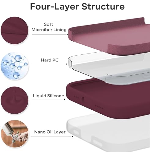Image of VONZEE Microfiber Logo Cut Cover Compatible for iPhone 15 Pro Case Liquid Silicone Cases Non-Slip Full Body Protective Covers Shockproof Back Cover with High Raised Camera Lips (6.1 inch, Wine Red)