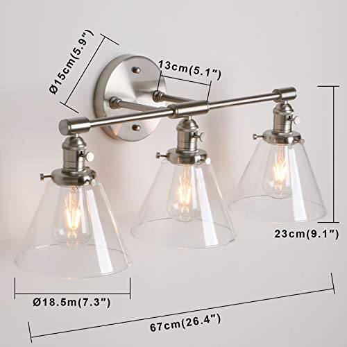 Image of Permo Vintage Industrial Antique Three-Light Wall Sconces with Funnel Flared Clear Glass Shade (Brushed)