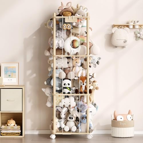 Image of EXPERLAM Stuffed Animal Storage Zoo with Wheels, Montessori-Inspired Solid Pine Wood Plush Toy Organizer, Tall Stuffed Animal Holder with Thick Elastic Cords for Kids Room, Nursery,and Bedroom,Large