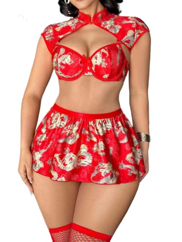 Image of Alrovetoney Sexy Lingerie Fantasy Costume Sexy Series Printed Cut-Out Slit Women's Costume Red S-XXL
