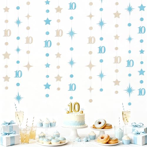 Image of Champagne Gold Blue 10th Birthday Decorations Number 10 Circle Dot Star Garland Streamer Banner Backdrop for Girls Boys Double Digits Cheers to 10 Years Old Birthday 10th Anniversary Party Supplies