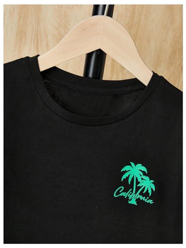 Image of SHENHE Boy's 2 Piece Set Tropical Print Short Sleeve Crewneck T Shirt and Shorts Set Vacation Outfits Black Green Leaves 10 Years