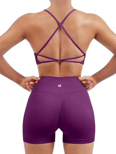Image of SUUKSESS Women Seamless Workout Sets Strappy Sports Bra High Waist Booty Shorts Outfits