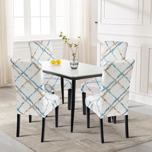 Image of SearchI Printed Dining Room Chair Covers Set of 4, Stretch Kitchen Chair Covers Washable Parsons Chair Slipcover Removable Dining Chair Protectors for Hotel,Ceremony(Geometric Stripe)