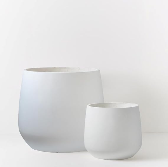 Olly & Rose Set of 2 Extra Large Fibrestone Planters Curved - Indoor and Outdoor Plant Pots XL - White 55cm and 43cm Diameter
