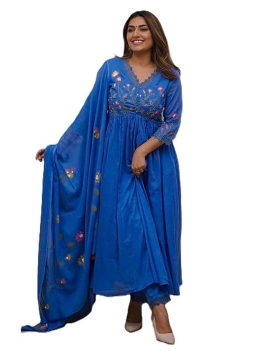 Image of Preeson Women's Pure Cotton Embroidery V Neck Kurti with Pants and Dupatta Set