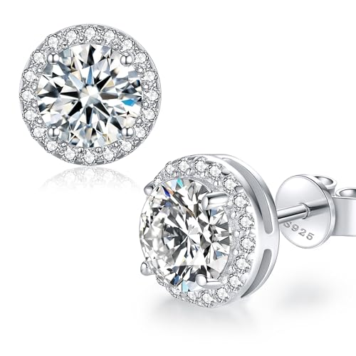 Moissanite Earrings Studs for Women, Round Cut D Color VVS1 Clarity Lab Created Moissanite Studs Earrings for Men S925 Sterling Silver Plated with 18k White Gold Jewelry