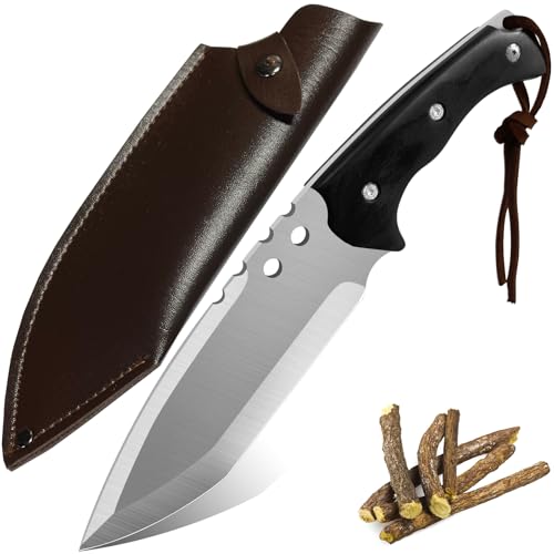 Bushcraft Knife Full Tang, Fixed Blade Hunting Knife with Sheath, 6.5’’ Thicken Carbon Steel, 4.5’’ Ergonomic Wood Handle, Heavy Duty Bush Knife for Camping, Hiking, Survival, Outdoor