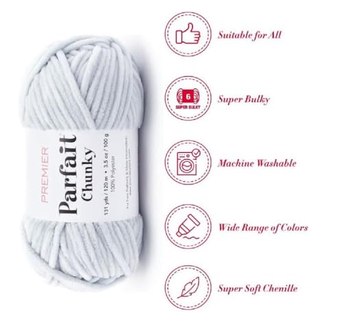 Image of Premier Yarns Parfait Chunky Chenille Yarn 3.5 Oz 6 Super Bulky Weight 3 Pack Bundle with Bella's Stitch Place Holders (Pale Gray)