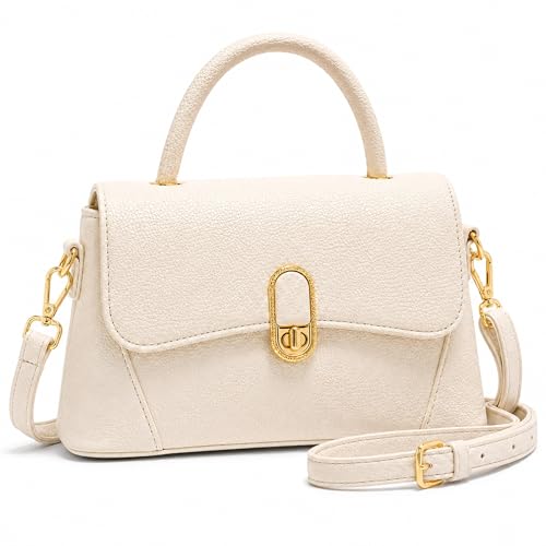 Crossbody Bag for Women Small Satchel Purse, Pebbled PU Leather Handbag with Top Handle, Adjustable Strap, Gold Turn Lock, Zip Pocket, White Everyday Shoulder Bag