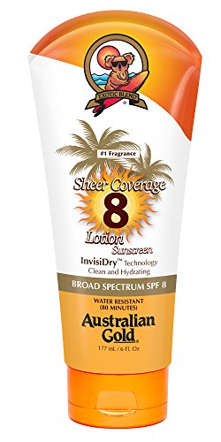 Australian Gold Sheer Coverage Sunscreen Lotion, Lightweight & Invisible Dry, Broad Spectrum, Water Resistant, Cruelty Free, Paraben Free, PABA Free, Oil Free, Dye Free, Alcohol Free, SPF 8, 6 Ounce