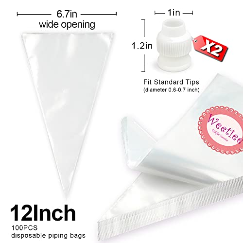 Weetiee Pastry Piping Bags -100 Pack-12-Inch Disposable Cake Decorating Bags Anti-Burst Cupcake Icing Bags for all Size Tips Couplers and Baking Cookies Candy Supplies Kits - Bonus 2 Couplers