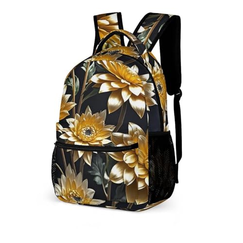 Gold Flowers on Black Backpack for Men Women, Durable Small Backpack Casual Lightweight Daypack for Travel Bag4