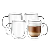 CNGLASS Large Double Wall Glass Coffee Mug 15.2oz,Clear Insulated Glass Espresso Cup with Big Handle,Clear Glass Espresso Mugs for Latte,Cappuccino,Tea Bag,Hot and Cold Beverages,set of 4