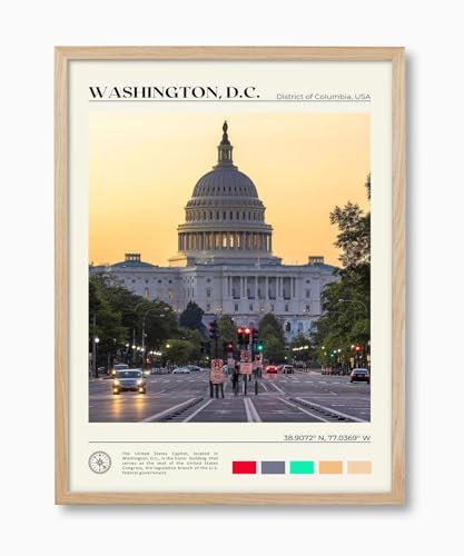 HesenDot Natural OAK Wood Washington DC Framed Wall Art,12x16in US Capitol Building Canvas Wall Print,Classic Urban Landmark Home Decor for Living Room Bedroom Office Gallery, Set of 1