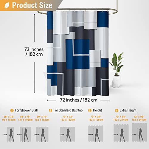BTTN Navy Blue Fabric Shower Curtain - Geometric Water Repellent Shower Curtain Set, Machine Washable, Modern Decorative Polyester Cloth Shower Curtains for Bathroom - 72x72