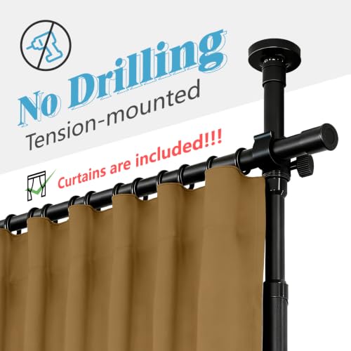 Image of JILRON Room Divider Curtain Set No-Drill : Includes 106 inch W x 84 inch L Brown Curtain & Adjustable Pole Brackets (35-100 inch W x 43-120 inch H Adjustable Range)