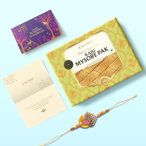 Image of ANAND Sweets Raksha Bandhan /Rakhi Kaju Mysore Pak Gift box | Kaju Mysore Pak (250g) + Rakhi + Greeting card and cover combo | Premium Cashew sweet | For Brother, Sister, Bhabhi | No Preservatives