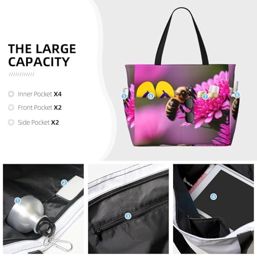 Bee Flying 1 Large Beach Tote Bag Women Beach Tote Bag For Pool Gym Grocery Travel With Multiple Pocket3