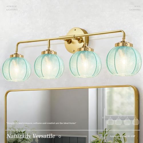 Image of 4 Light Glass Bathroom Lights Fixture Over Mirror, Gold Wall Sconce | Blue Glass Wall sconces Globe Vanity Light Mid Century Modern Hallway Bedroom Wall Lamp, 110V E26 Dimmable, Easy to install