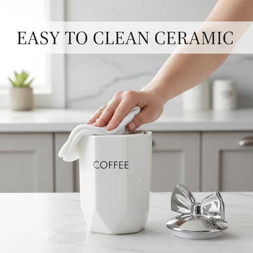 BMLIMITED BML Ceramic Tea Coffee Sugar Canisters Set Airtight Kitchen Storage Jars Decorative Countertop Canister Set with Silver Bow Lids Ideal Housewarming Gift & New Home Kitchen Accessory - Image 4