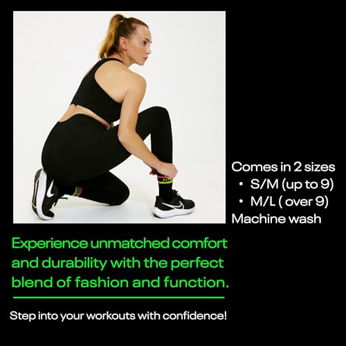 Image of Black Womens Neon Striped Crew Socks, Athletic Gym & Running Crew Socks for Women