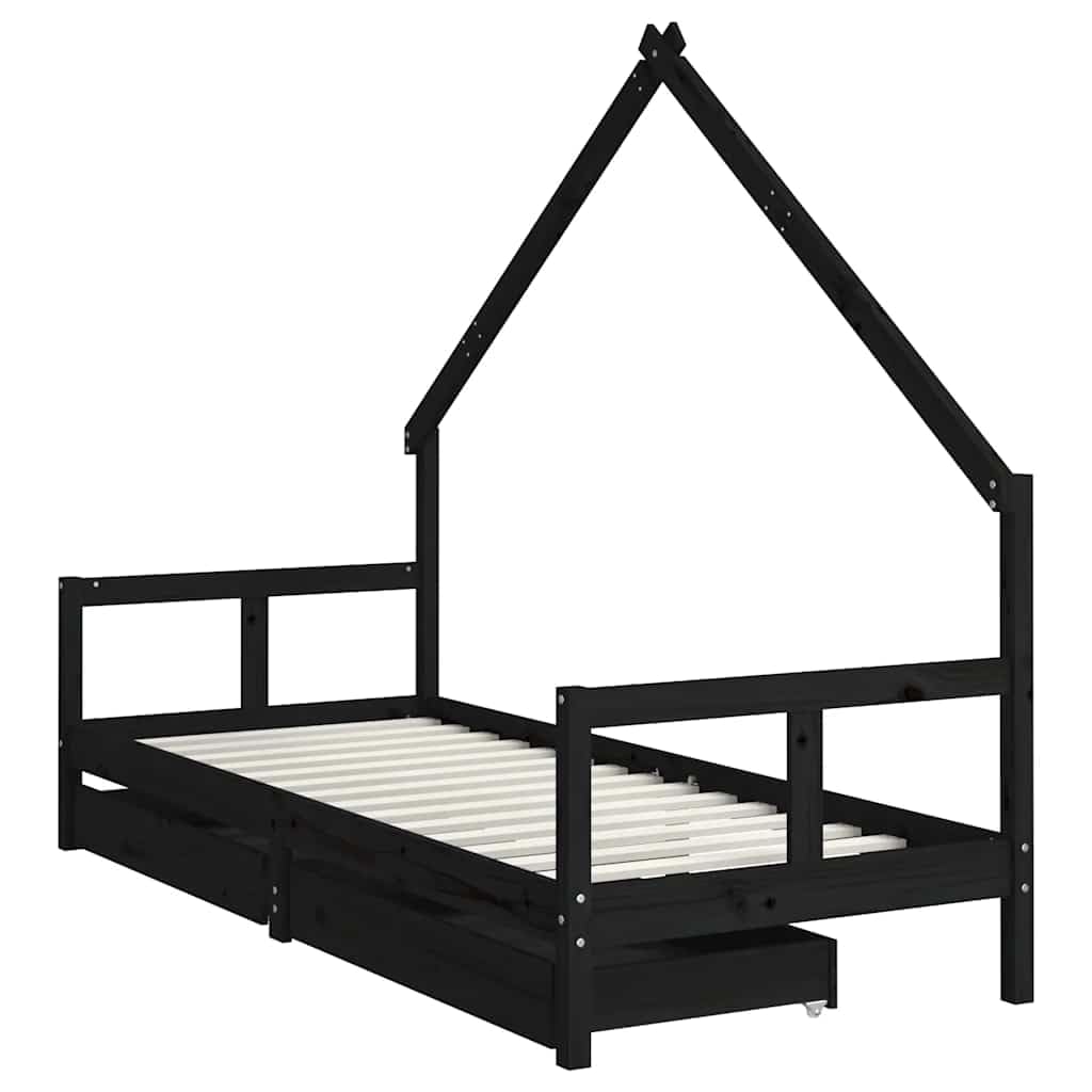 Cama infantil con cajones, color negro, 80 x 200 cm, madera maciza de pino, adecuada para niños a partir de 4 años, cama estable con espacio de almacenamiento y rejilla, ideal para dormitorio