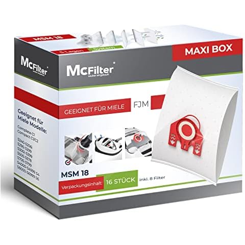 McFilter | 16 bolsas de aspiradora adecuadas para aspiradoras Miele serie FJM S2 S3 S4 S5 S6 S7 Complete C1 Compact C1/C2 | Bolsa de polvo con filtros | Bolsas de filtro de vellón | 5 capas | MAXI BOX Cover