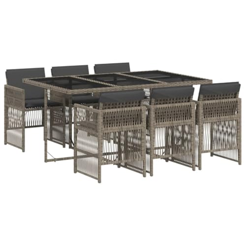 vidaXL Garten Essgruppe 7-TLG., Gartenmöbel Set Tisch mit Glasplatte 6 Stühle, Gartengarnitur mit Kissen, Sitzgruppe Terrasse, Grau Poly Rattan