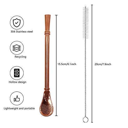 Yerba Mate Bombilla, Stainless Steel Drinking Straws with Filter Spoon, Reusable Strainer Stirrer for Coffee, Loose Leaf Tea, Soup, Beverage with Brush (1Pcs Rose Gold)