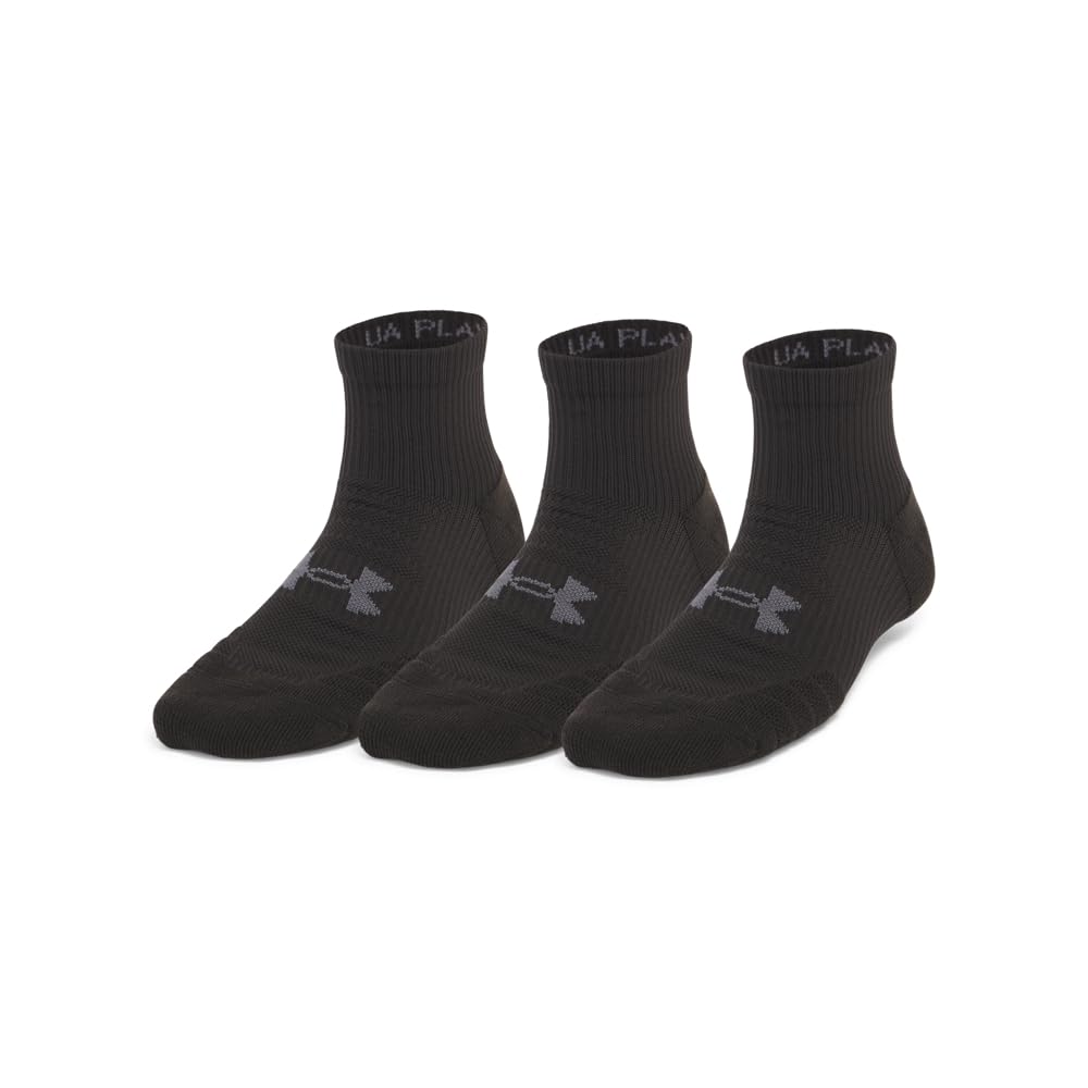 Under Armour Women's (001) Black / Black / Castlerock Play Up Quarter Socks 3 Pack, (001) Black/Black/Castlerock, M