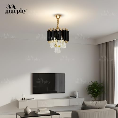 Image of Murphy Black Mamba Black & Gold Crystal Pendant Light (Pack of 1) | 12 Inch Round Luxury Ceiling Chandelier with Metal Frame & Crystal Tubes for Living Room, Dining Room, Bedroom & Hall (300MM)