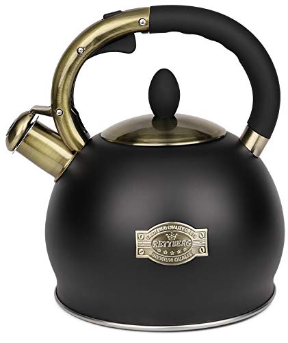 RETTBERG 264 Quarts Whistling Tea Kettle for Stovetop Food Grade Stainless Steel Teapot1 Free Heat-Resistant Cotton Glove Frosted Black